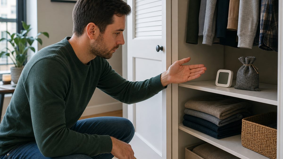 Person checking a tidy home storage area for the source of a recurring odor